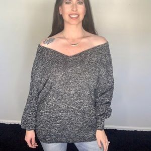 New Off the shoulder black marled vneck sweater